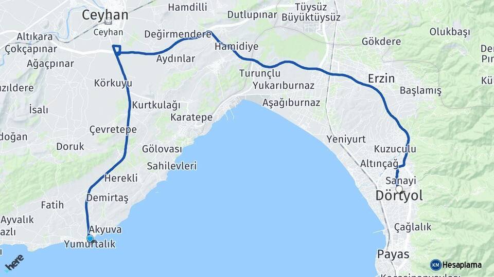 Adana Yumurtalık Dörtyol Hatay Arası Kaç Km - Yol Haritası