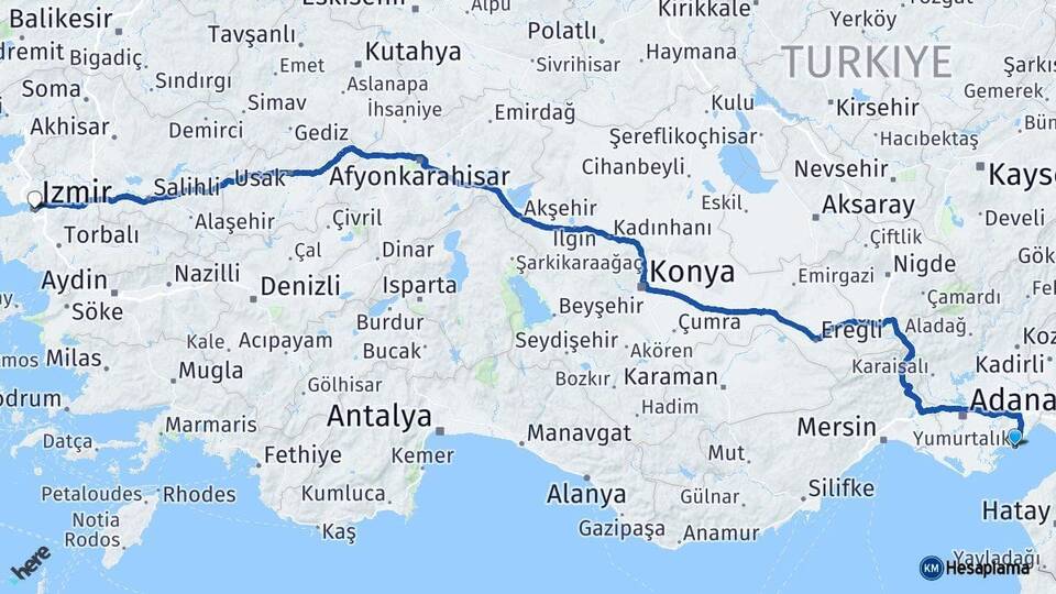 Adana Yumurtalık İzmir Arası Kaç Km - Yol Haritası