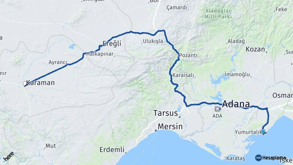 Adana Yumurtalık Karaman Arası Kaç Km - Yol Haritası