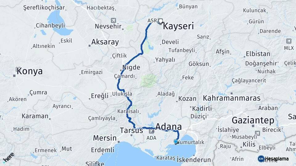 Adana Yumurtalık Kayseri Arası Kaç Km - Yol Haritası
