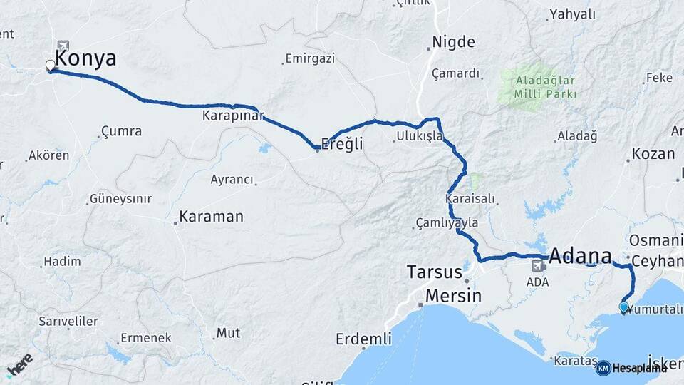 Adana Yumurtalık Konya Arası Kaç Km - Yol Haritası