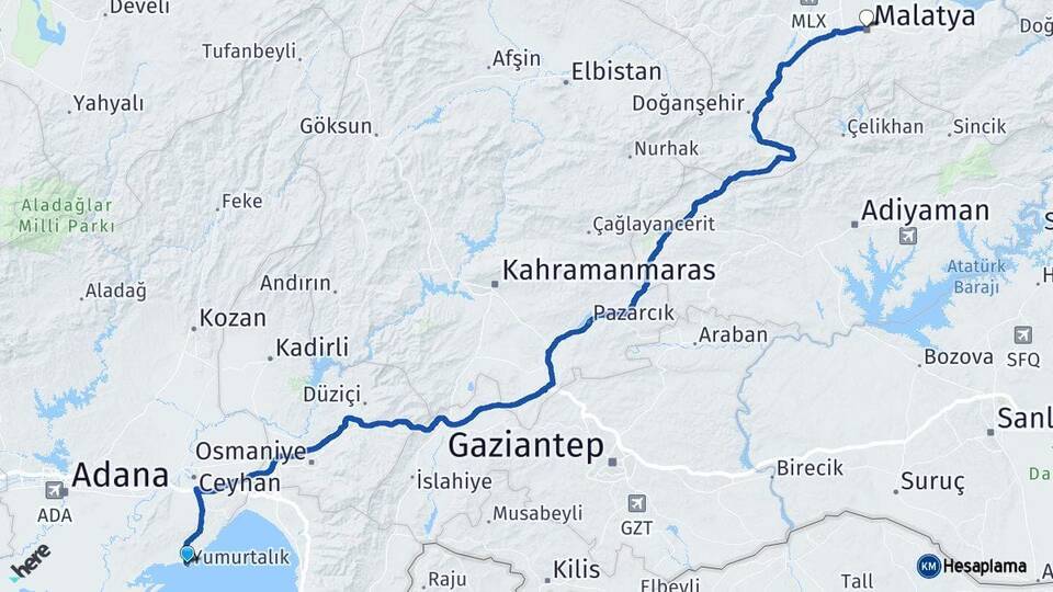 Adana Yumurtalık Malatya Arası Kaç Km - Yol Haritası