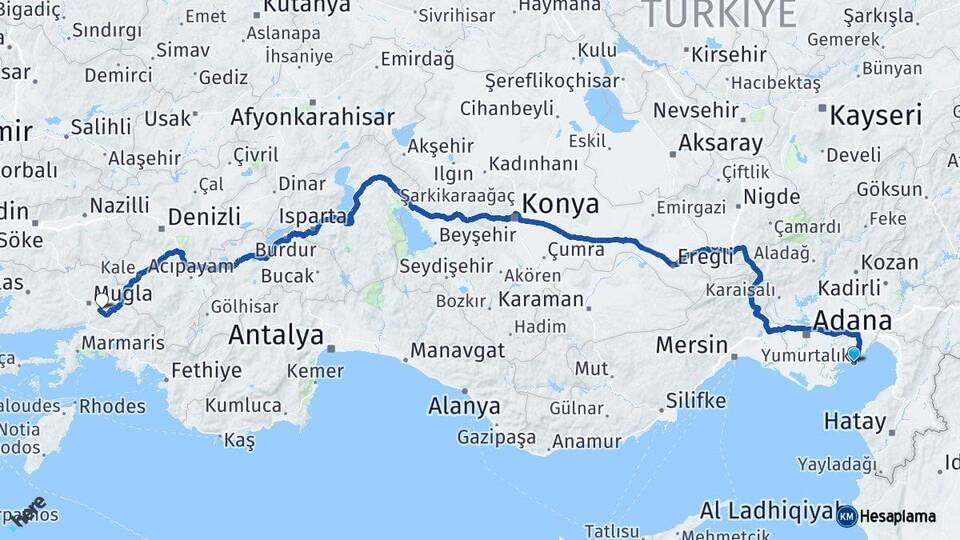 Adana Yumurtalık Muğla Arası Kaç Km - Yol Haritası