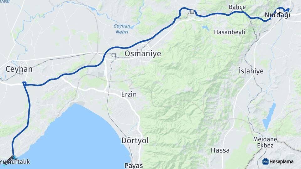 Adana Yumurtalık Nurdağı Gaziantep Arası Kaç Km - Yol Haritası