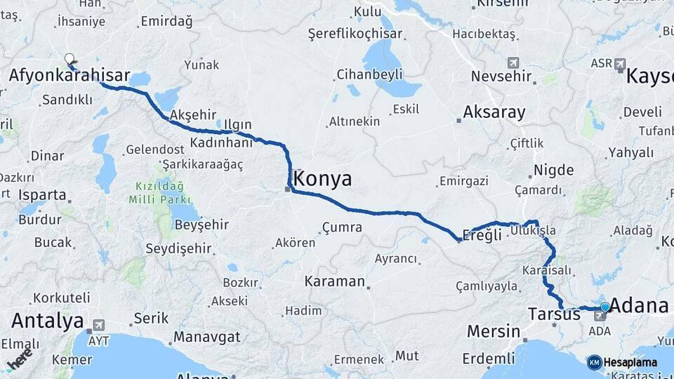 Adana Yüreğir Afyonkarahisar Arası Kaç Km - Yol Haritası