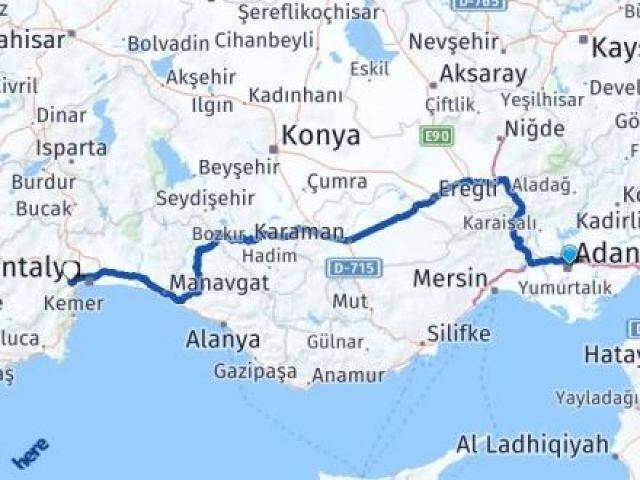 Adana Yüreğir Akdamlar Konyaaltı Antalya Arası Kaç Km - Yol Haritası