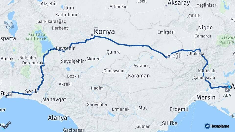 Adana Yüreğir Antalya Arası Kaç Km - Yol Haritası