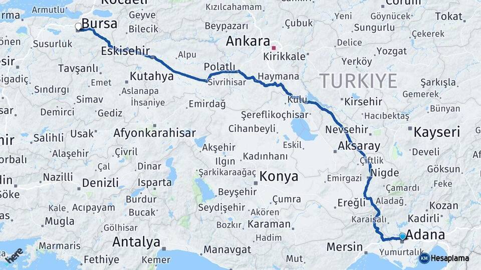 Adana Yüreğir Bursa Arası Kaç Km - Yol Haritası