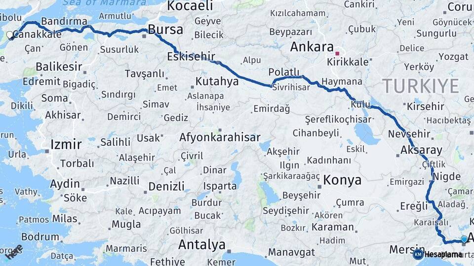 Adana Yüreğir Çanakkale Arası Kaç Km - Yol Haritası