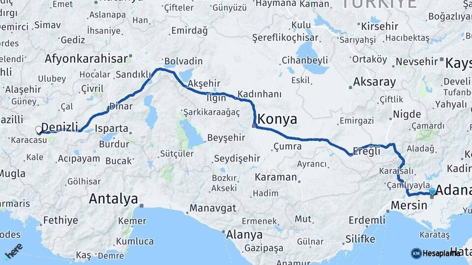 Adana Yüreğir Denizli Arası Kaç Km - Yol Haritası