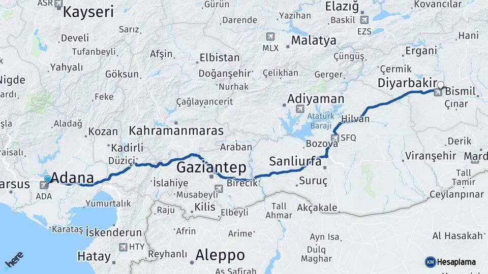 Adana Yüreğir Diyarbakır Arası Kaç Km - Yol Haritası