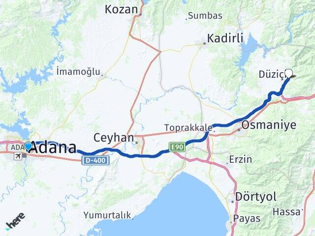 Adana Yüreğir Düziçi Osmaniye Arası Kaç Km - Yol Haritası