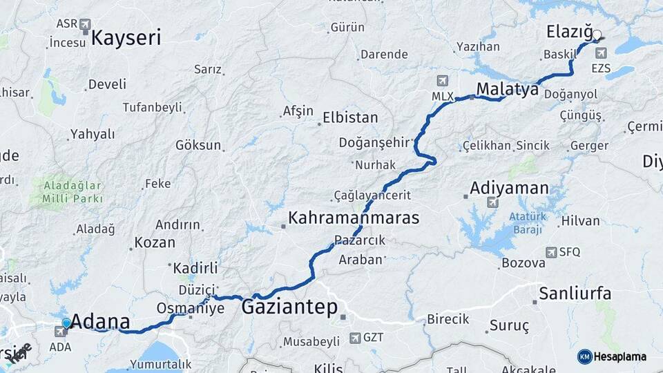 Adana Yüreğir Elazığ Arası Kaç Km - Yol Haritası