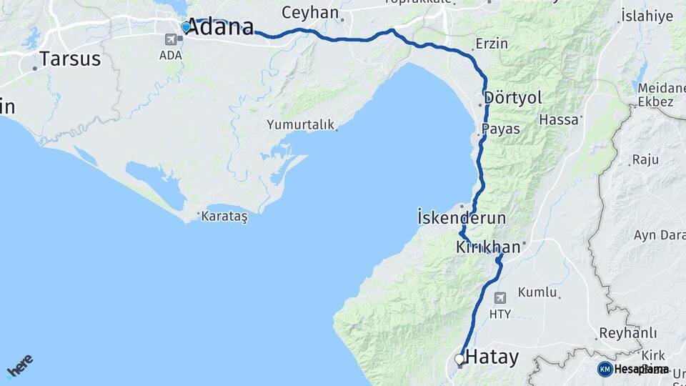 Adana Yüreğir Hatay Arası Kaç Km - Yol Haritası