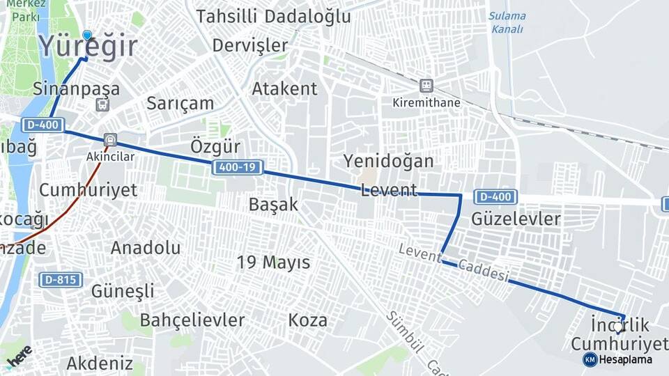 Adana Yüreğir İncirlik Cumhuriyet Yüreğir Arası Kaç Km - Yol Haritası