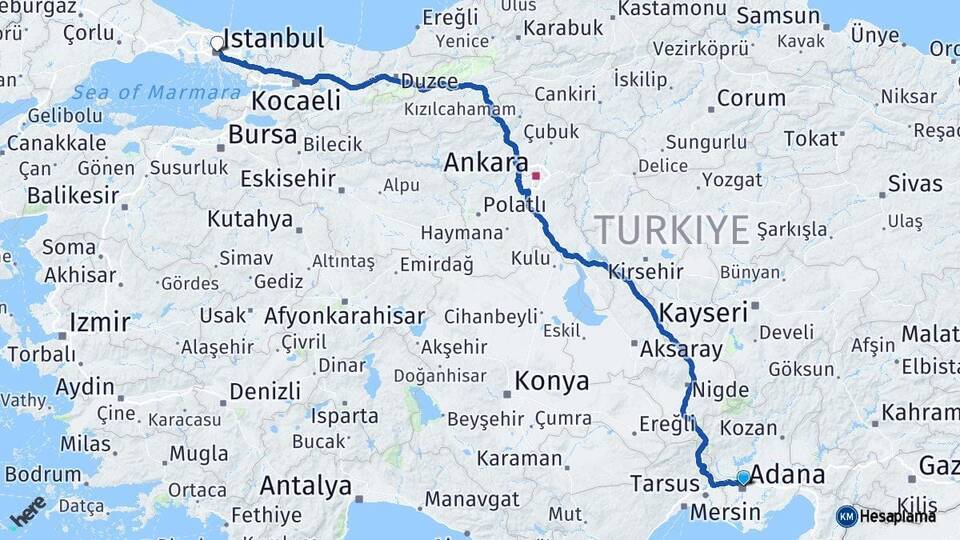 Adana Yüreğir İstanbul Arası Kaç Km - Yol Haritası