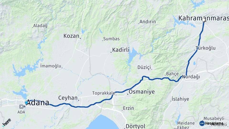Adana Yüreğir Kahramanmaraş Arası Kaç Km - Yol Haritası