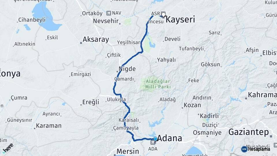 Adana Yüreğir Kayseri Arası Kaç Km - Yol Haritası