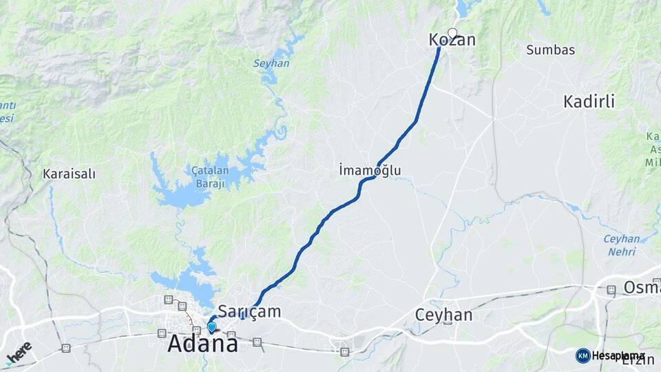 Adana Yüreğir Kozan Arası Kaç Km - Yol Haritası