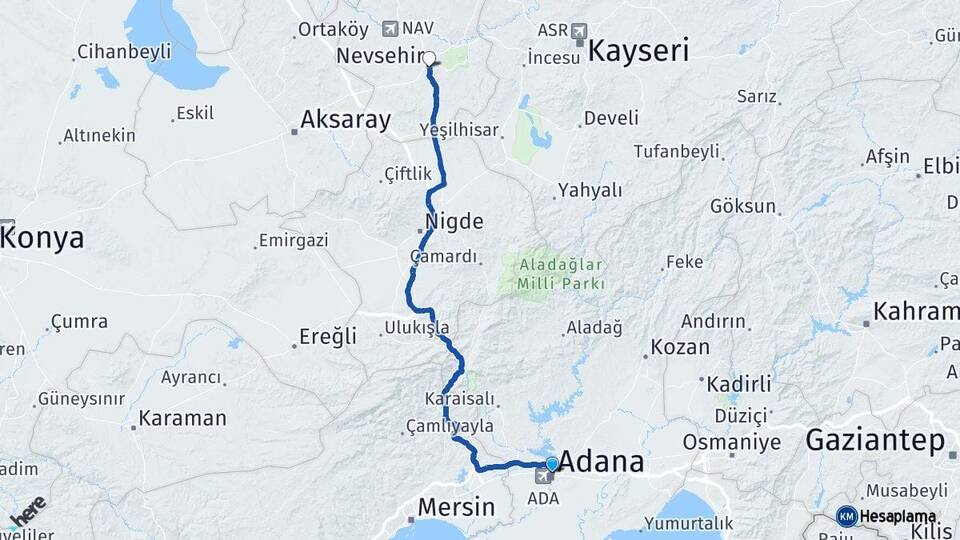 Adana Yüreğir Nevşehir Arası Kaç Km - Yol Haritası