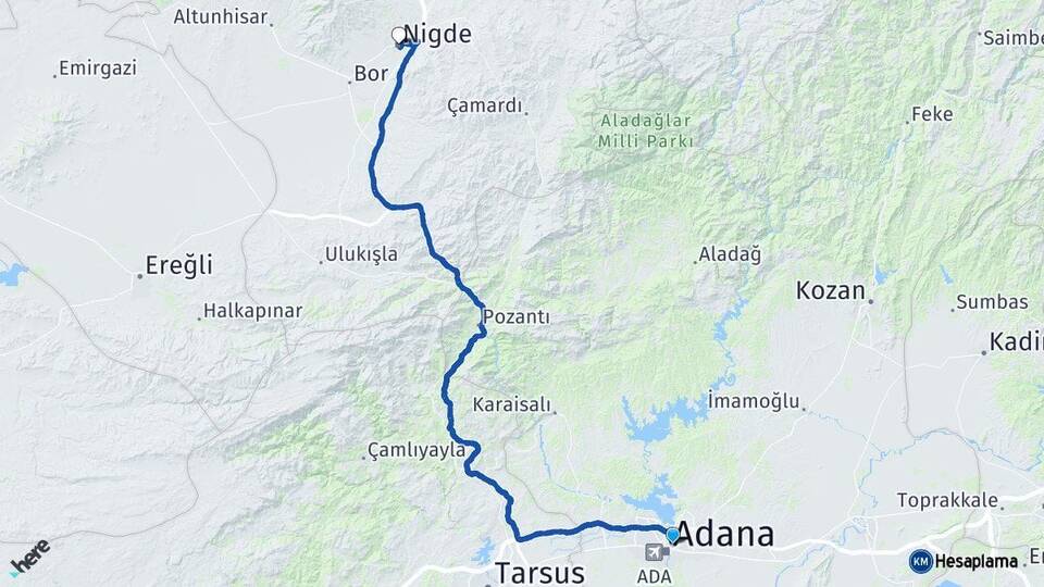 Adana Yüreğir Niğde Arası Kaç Km - Yol Haritası