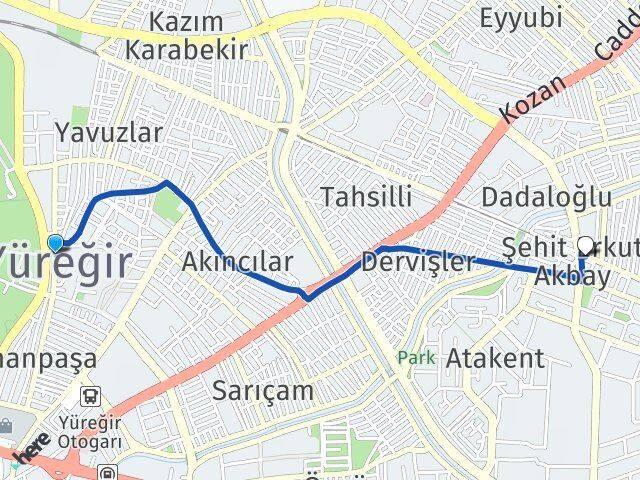 Adana Yüreğir Şehit Erkut Akbay Yüreğir Arası Kaç Km - Yol Haritası