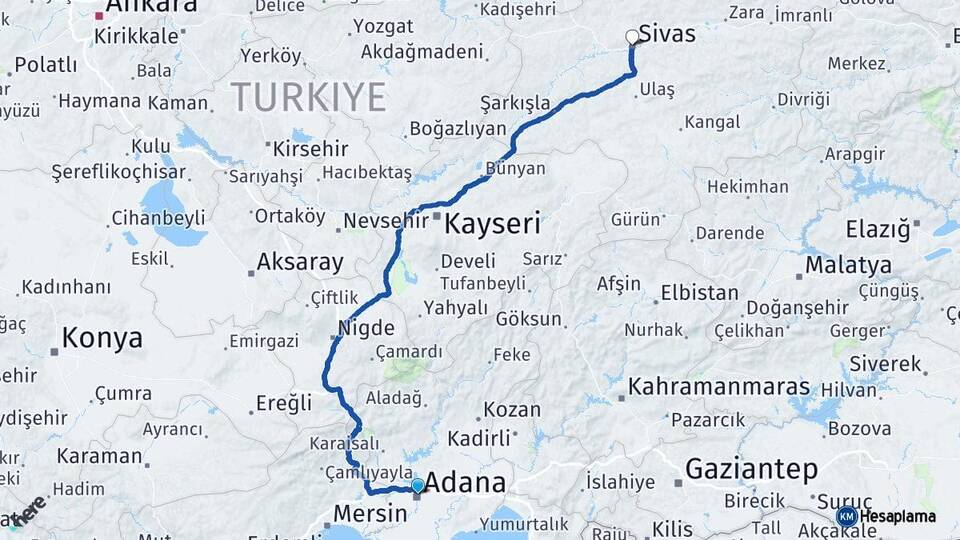 Adana Yüreğir Sivas Arası Kaç Km - Yol Haritası