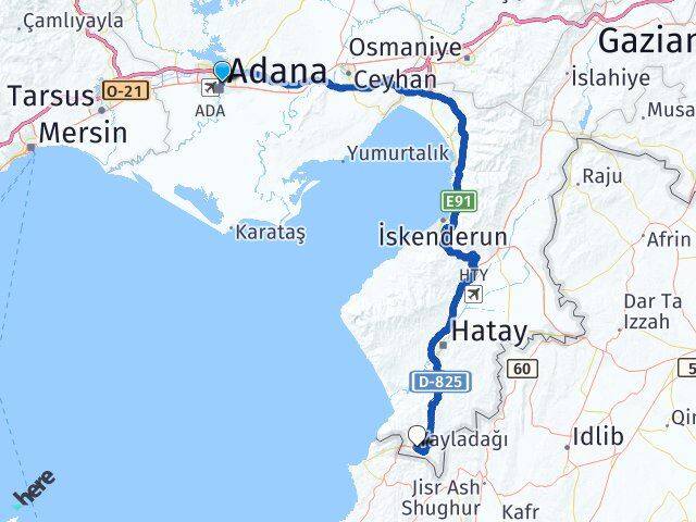 Adana Yüreğir Yayladağı Hatay Arası Kaç Km - Yol Haritası