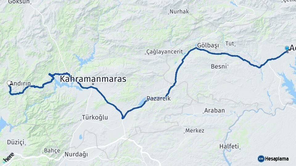 Adıyaman Andırın Kahramanmaraş Arası Kaç Km - Yol Haritası