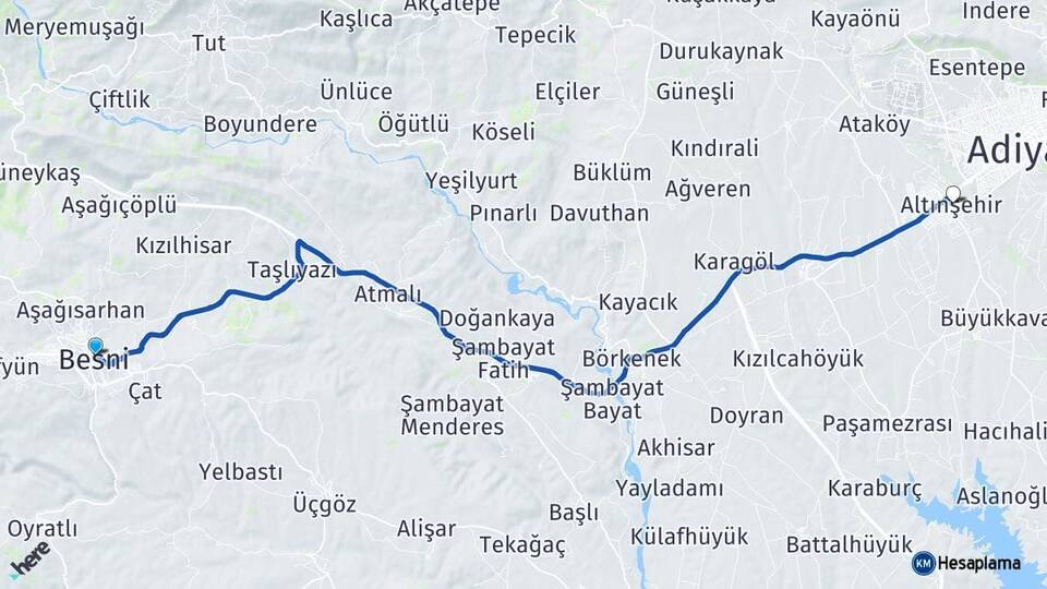 Adıyaman Besni Altınşehir Arası Kaç Km - Yol Haritası