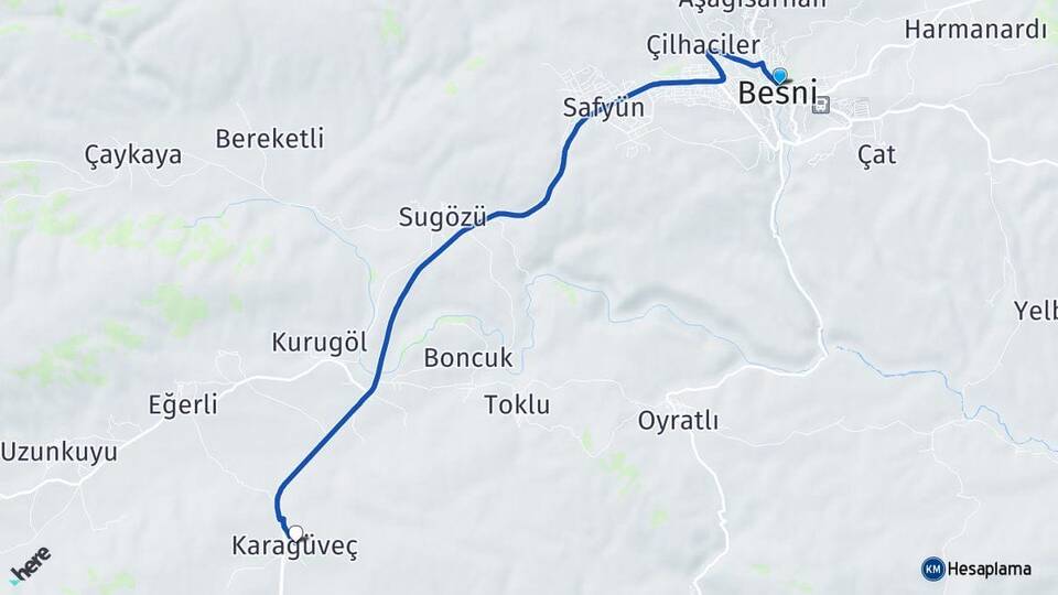 Adıyaman Besni Karagüveç Besni Arası Kaç Km - Yol Haritası