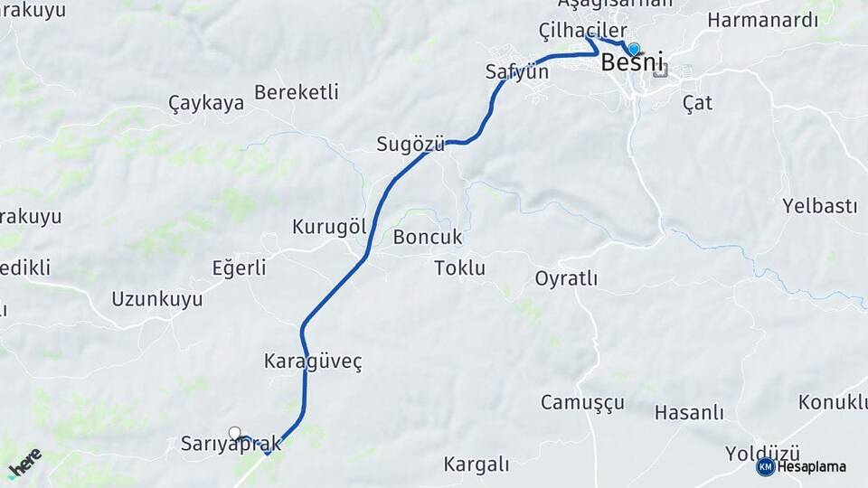 Adıyaman Besni Sarıyaprak Besni Arası Kaç Km - Yol Haritası