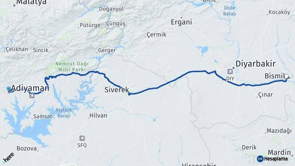Adıyaman Bismil Diyarbakır Arası Kaç Km - Yol Haritası