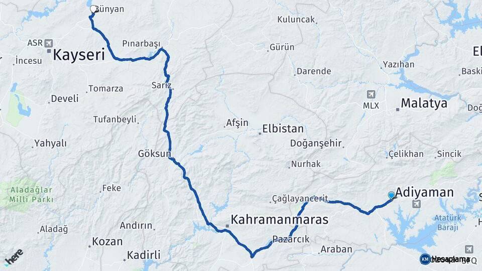 Adıyaman Bünyan Kayseri Arası Kaç Km - Yol Haritası