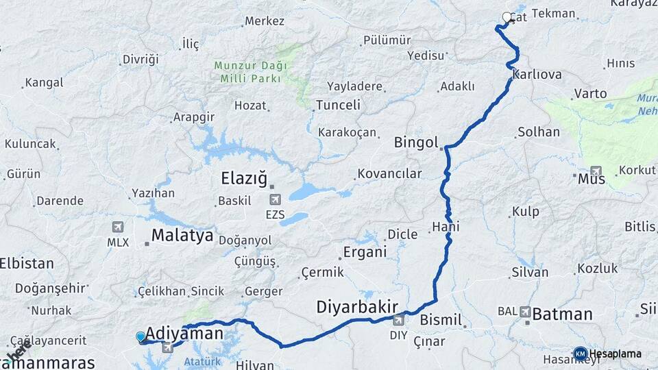 Adıyaman Çat Erzurum Arası Kaç Km - Yol Haritası