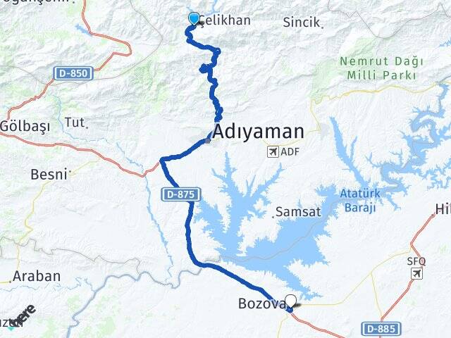 Adıyaman Çelikhan Bozova Şanlıurfa Arası Kaç Km - Yol Haritası