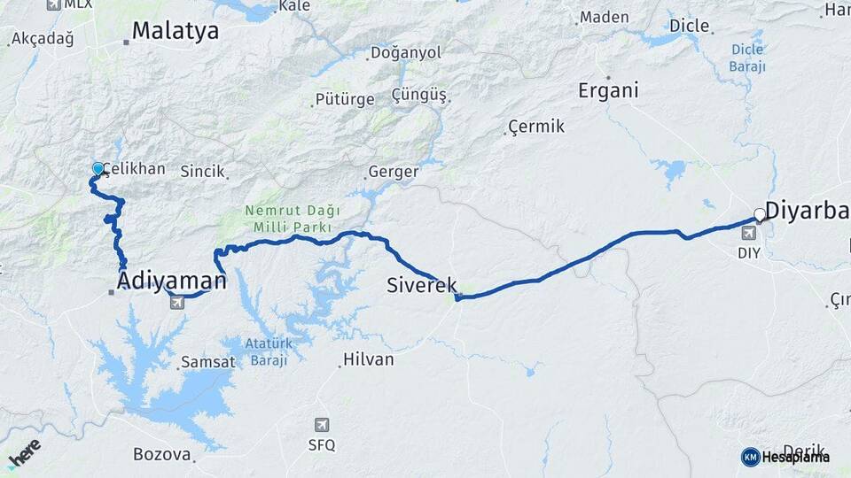 Adıyaman Çelikhan Diyarbakır Arası Kaç Km - Yol Haritası