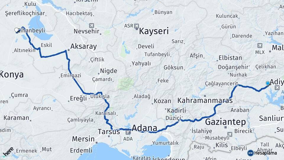 Adıyaman Cihanbeyli Konya Arası Kaç Km - Yol Haritası