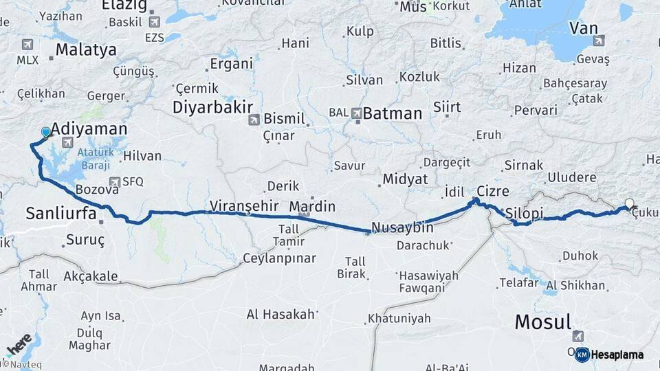 Adıyaman Çukurca Hakkari Arası Kaç Km - Yol Haritası