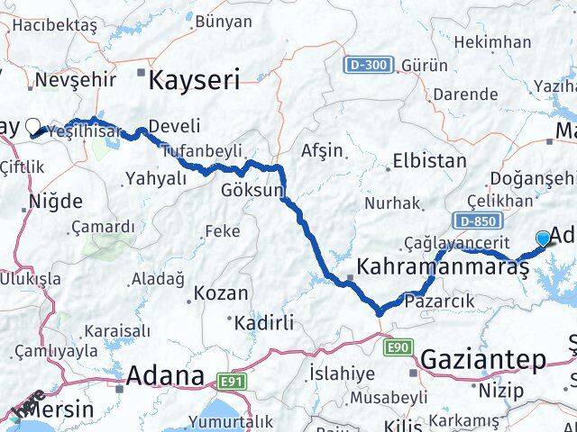 Adıyaman Derinkuyu Nevşehir Arası Kaç Km - Yol Haritası