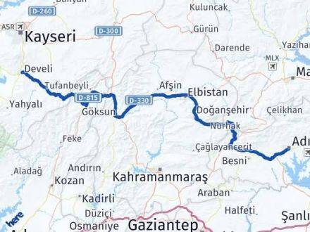 Adıyaman Develi Kayseri Arası Kaç Km - Yol Haritası
