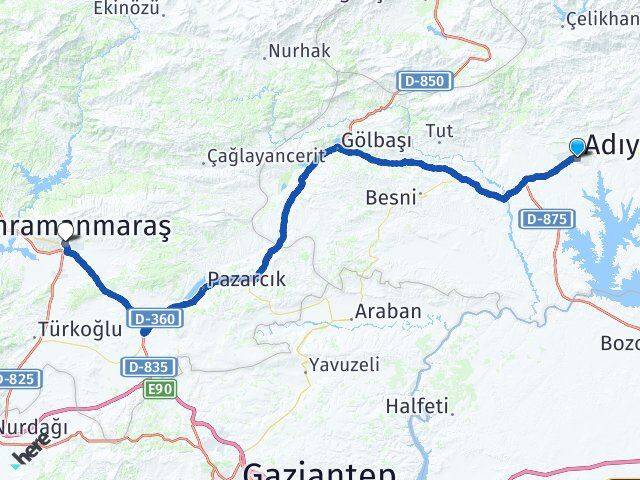 Adıyaman Dulkadiroğlu Kahramanmaraş Arası Kaç Km - Yol Haritası