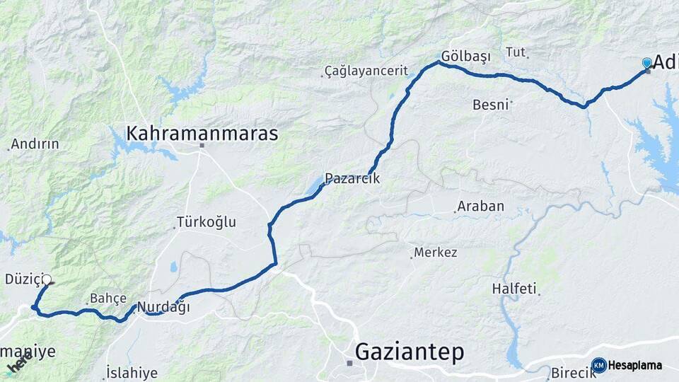 Adıyaman Düziçi Osmaniye Arası Kaç Km - Yol Haritası