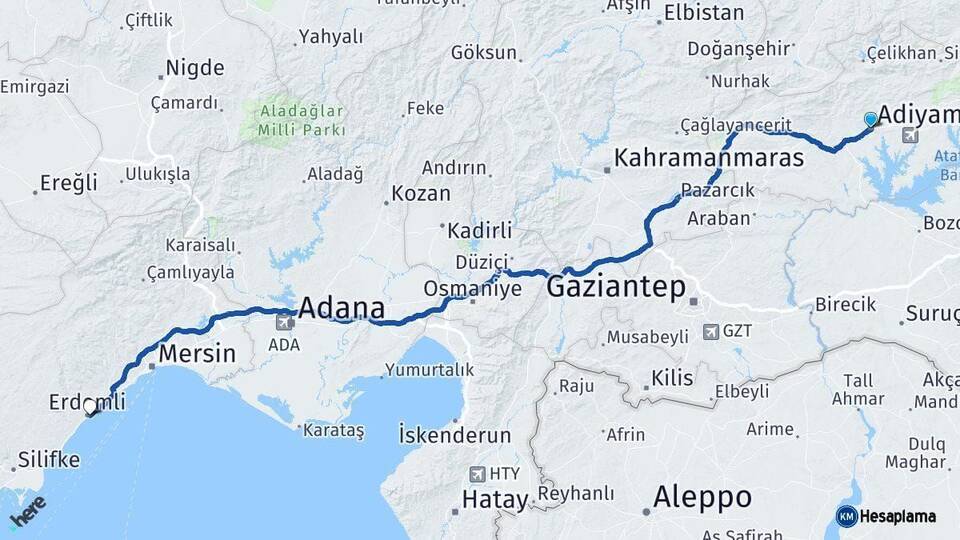 Adıyaman Erdemli Mersin Arası Kaç Km - Yol Haritası