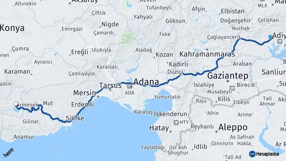 Adıyaman Ermenek Karaman Arası Kaç Km - Yol Haritası