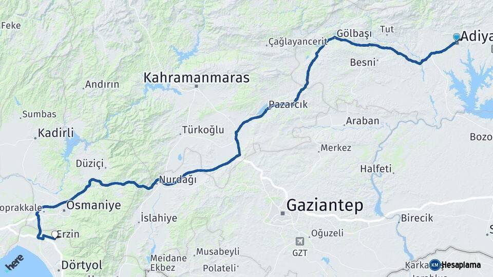 Adıyaman Erzin Hatay Arası Kaç Km - Yol Haritası