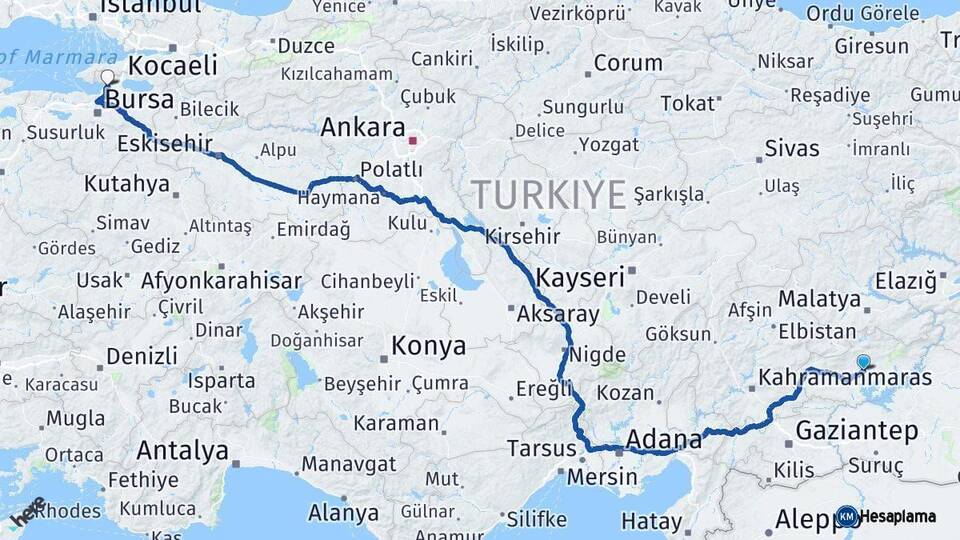 Adıyaman Gemlik Bursa Arası Kaç Km - Yol Haritası