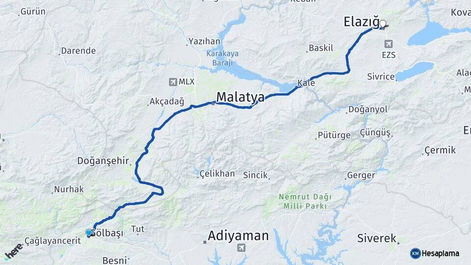 Adıyaman Gölbaşı Elazığ Arası Kaç Km - Yol Haritası
