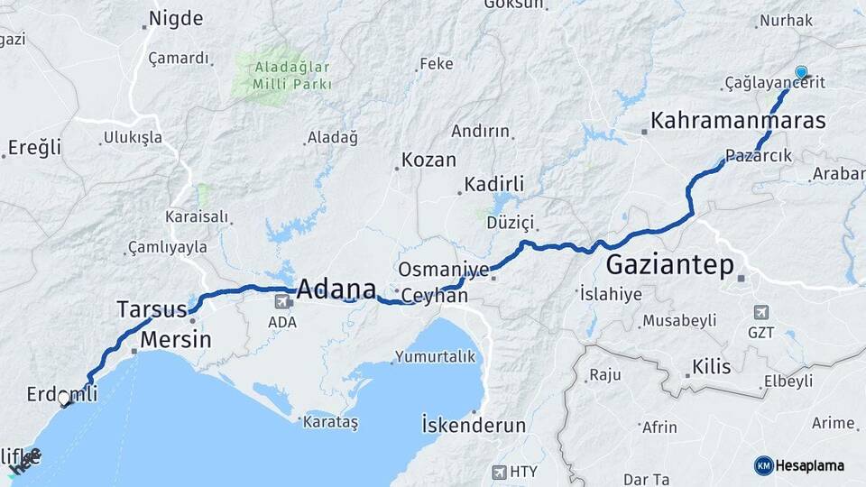 Adıyaman Gölbaşı Erdemli Mersin Arası Kaç Km - Yol Haritası