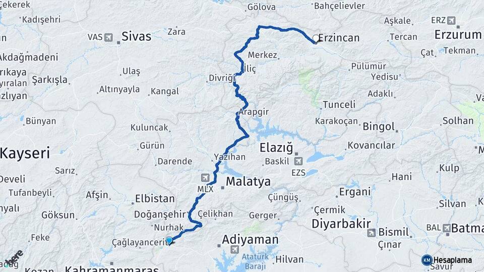Adıyaman Gölbaşı Erzincan Arası Kaç Km - Yol Haritası